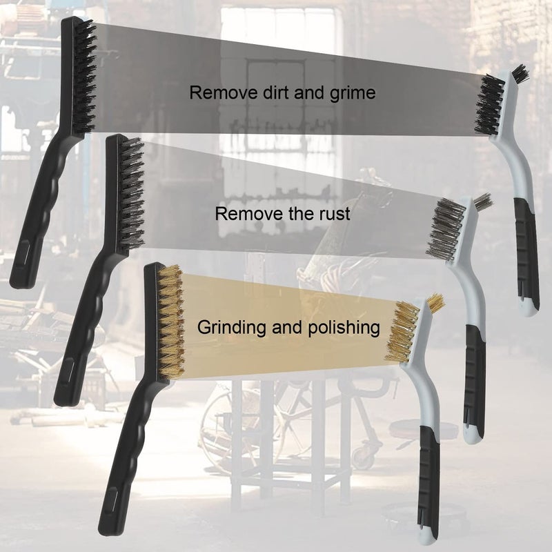 VASTOOLS Wire Brushes Cleaning Set 6Pc, 9" and 7", Wire Brushes for Cleaning Welding Slag, Rust and Dust. Includes Brass, Nylon, Stainless Steel Brushes with Strong Handle - Image 3